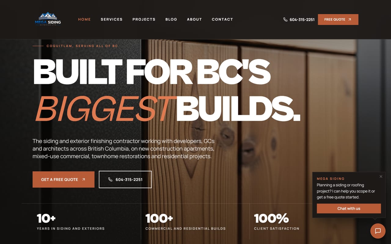 Mega Siding website, siding contractor in Metro Vancouver, designed and built by Vanguard Media