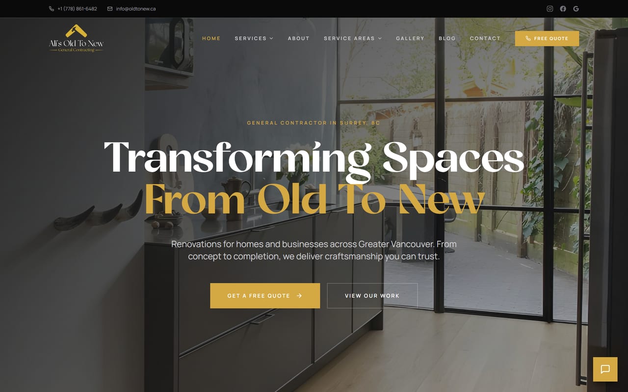 Ali's Old To New General Contracting website, renovation contractor in Surrey BC, designed and built by Vanguard Media